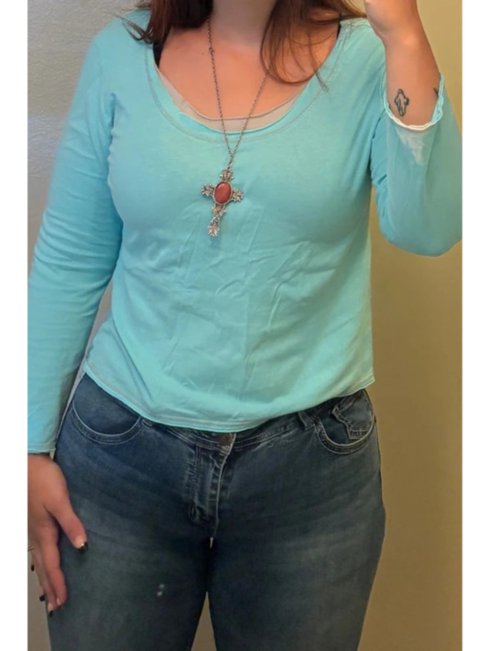 Turquoise Y2K 2000’s Style Long Sleeve with peekaboo white undershirt